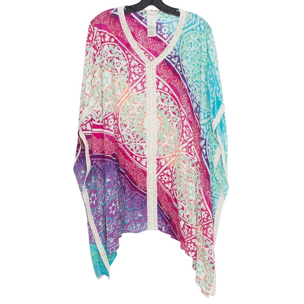 Chicos Poncho Boho Gauzy Festival Beachy Resort Lightweight Hippie Colorful L/XL